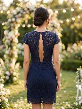 H&M Navy Blue Premium Floral Lace Open Back Sheath Dress 4 QuietLuxury EUC